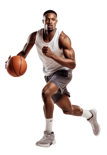 Jogador de basquetebol a driblar a bola enquanto corre, representando velocidade, agilidade e desempenho atlético.